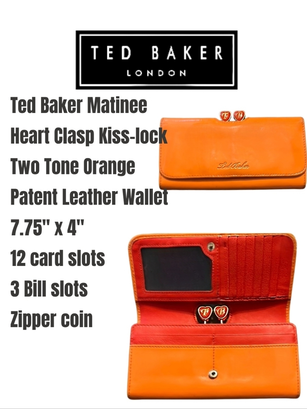 Ted Baker London Matinee Patent Leather Vibrant Orange Kiss Lock Clutch Wallet - Picture 3 of 4